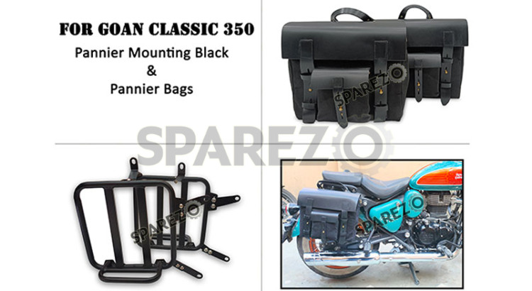For Royal Enfield Goan Classic 350 Leather Canvas Pannier Bags Black and Mounting - SPAREZO For Royal Enfield Goan Classic 350 Leather Canvas Pannier Bags Black and Mounting - SPAREZO